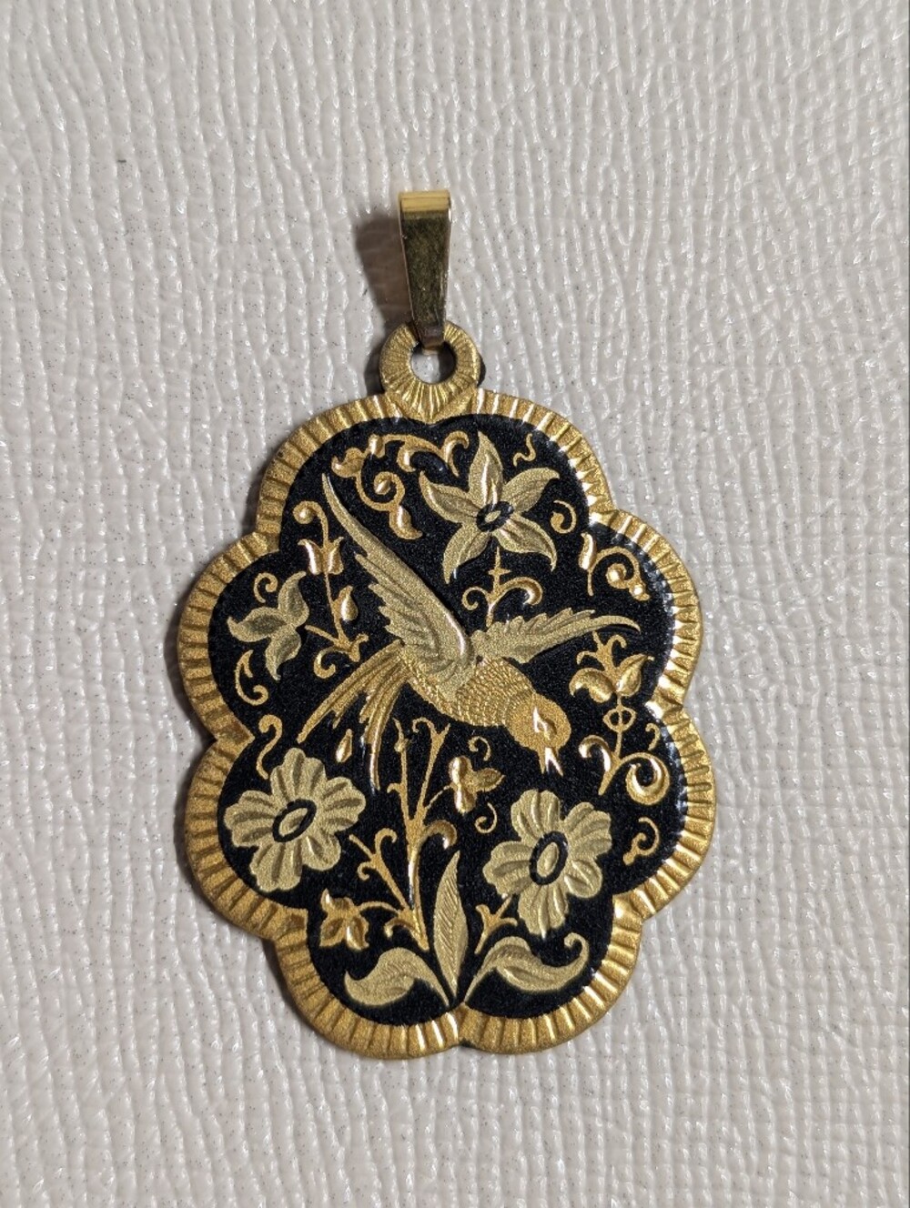 Gold and Black Bird Floral Pendant Necklace Charm Damascene Vintage 50s Large